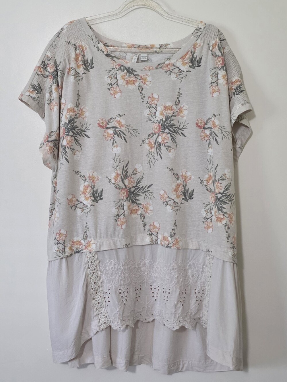 Floral Eyelet Mixed Media Tunic Cottagecore Feminine Boho Coquette Sz 22/24W